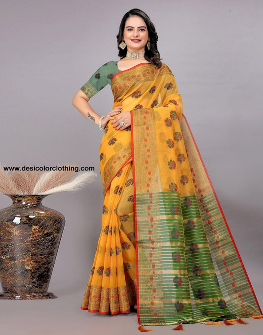 Dark Green Plain Cotton Saree