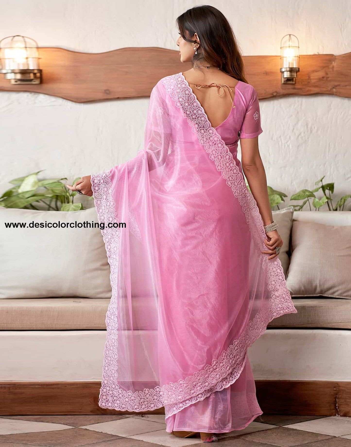 Pink Embroidery Organza Saree