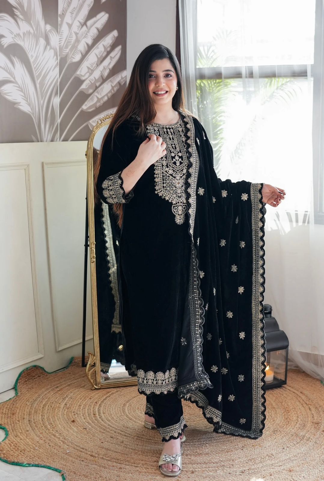 Product Image - Designer Velvet Top-Pant Dupatta Set for Weddings and Festive Wear