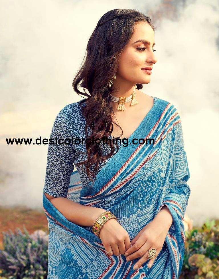Blue Cotton Printed Ready To Wear