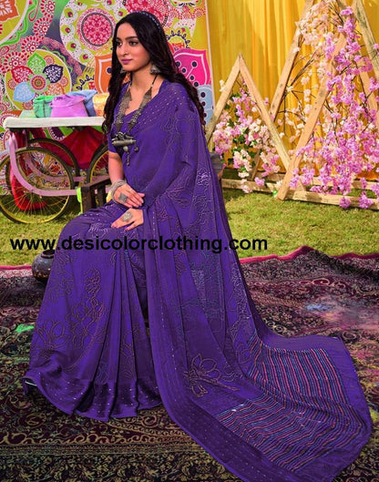 Purple Georgette Printed Saree