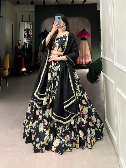 Product Image - Stunning Printed Lehenga Choli in Tussar Silk - Perfect for Weddings and Festive Wear