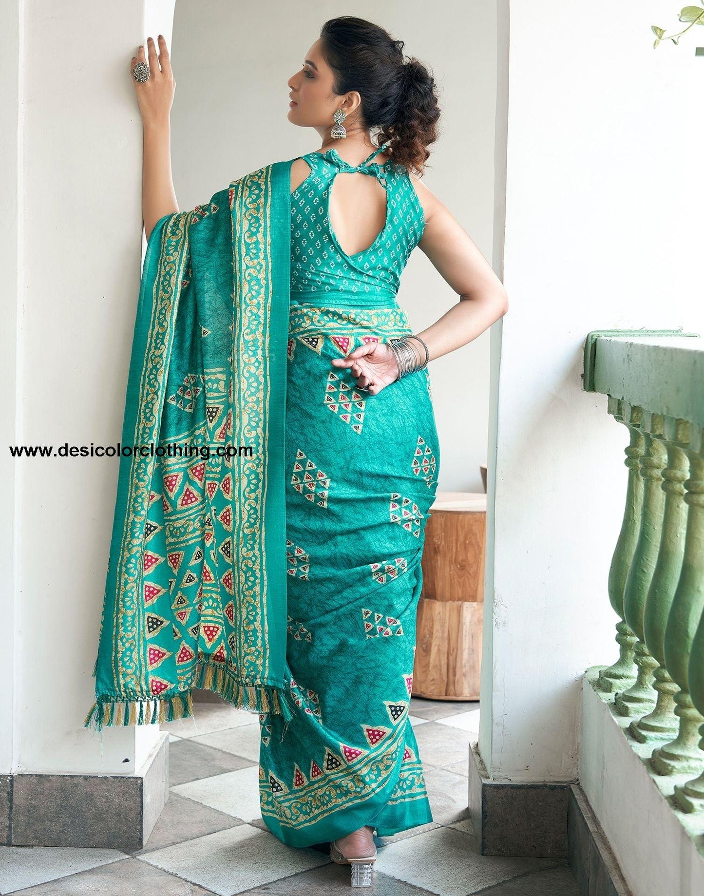 Turquois Printed Silk Saree