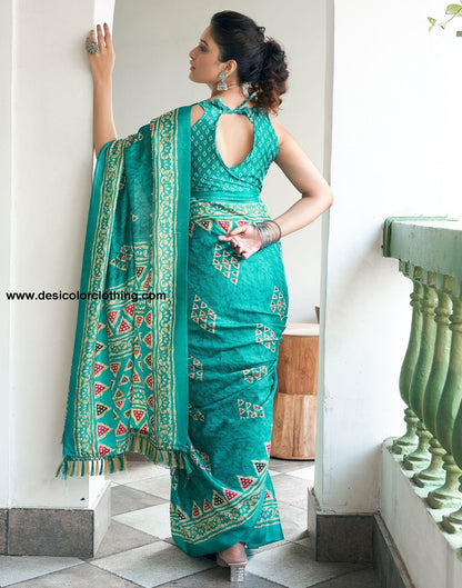 Turquois Printed Silk Saree