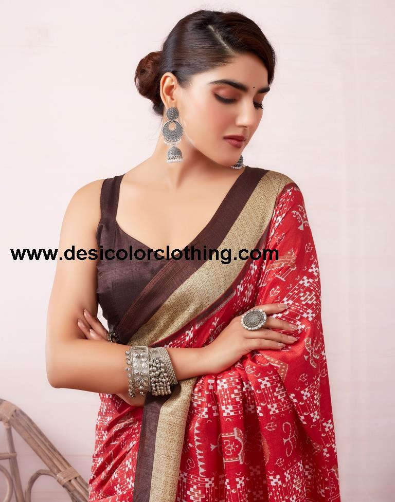 Red Silk Printed  Saree