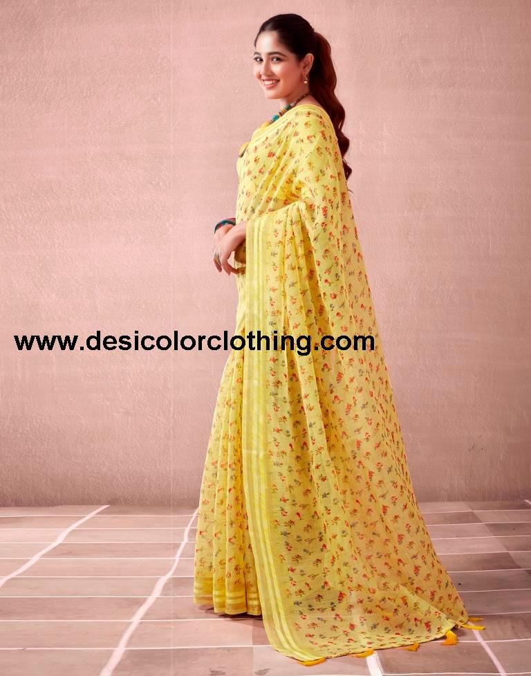 Yellow Cotton Printed  Saree