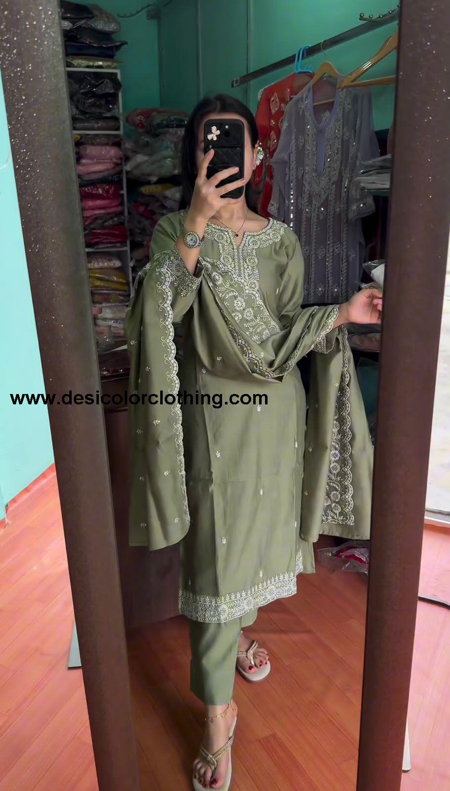 Pure Chinnon With Embroidery Sequence Work Top-Bottom And Dupatta Set Fully Stitched Ready To Wear*