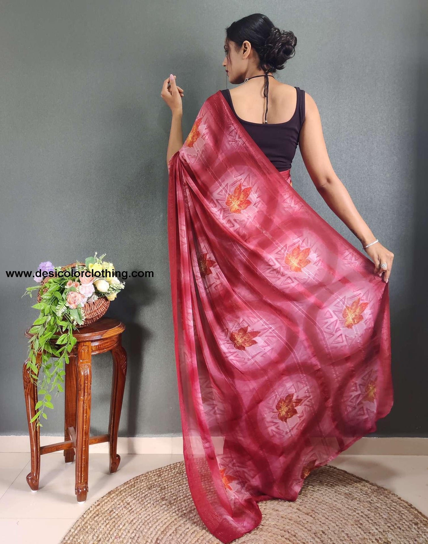 Peach Printed Georgette Pre-draped Saree