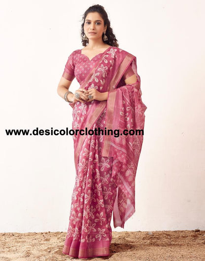 Pink Cotton Printed Sarees