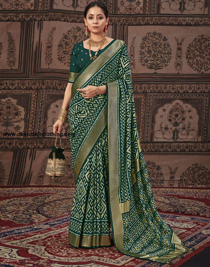 Bottle Green Printed Silk Saree