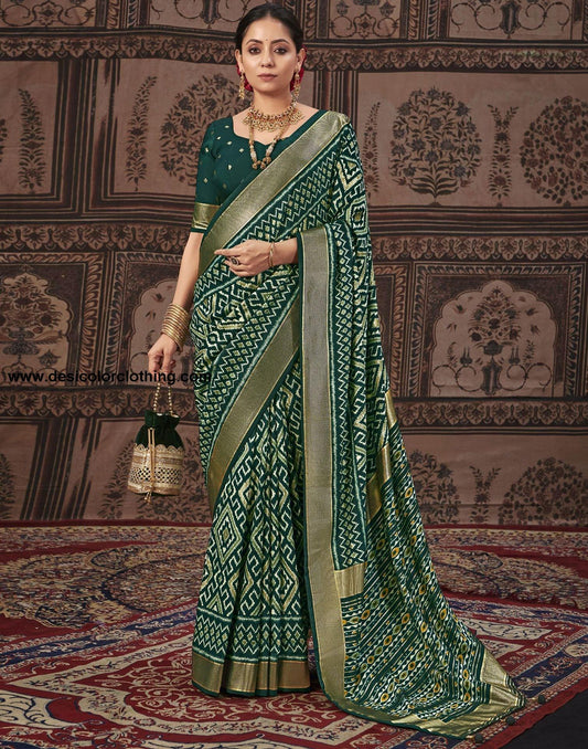 Bottle Green Printed Silk Saree