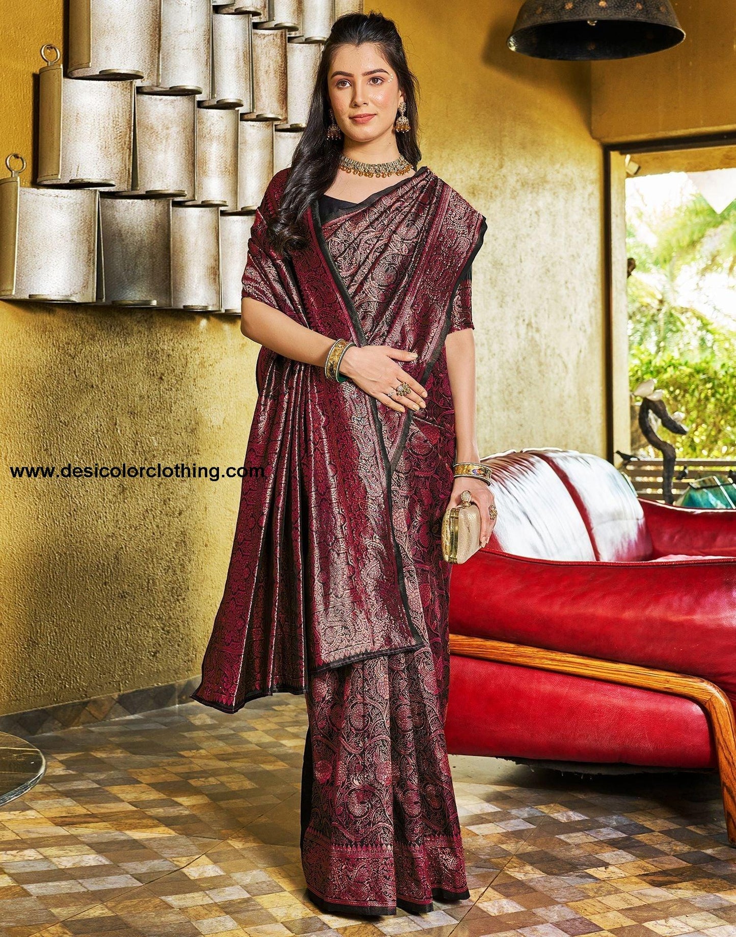 Black and Wine Jacquard Silk Saree