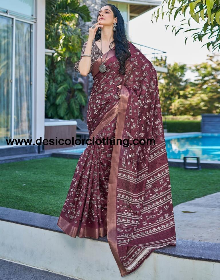 Wine Silk Printed Saree