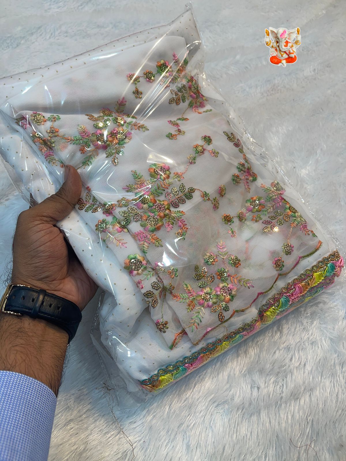 Product Image - Designer Georgette Saree with Multi Embroidery & Rainbow Lace