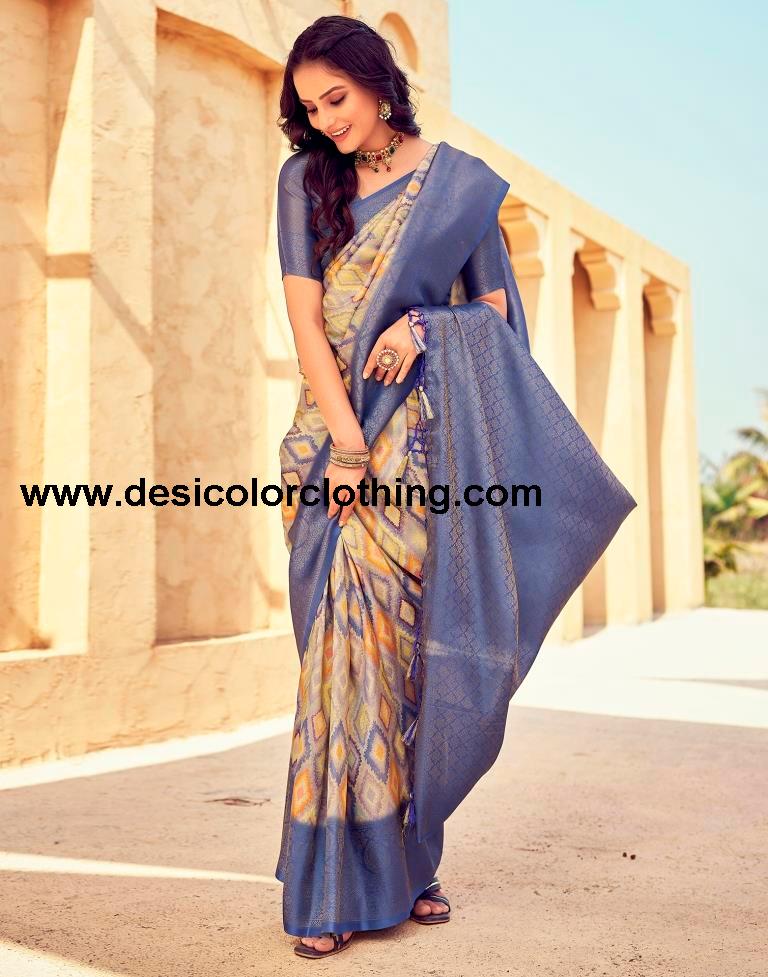 Blue Silk Printed Ready To Wear