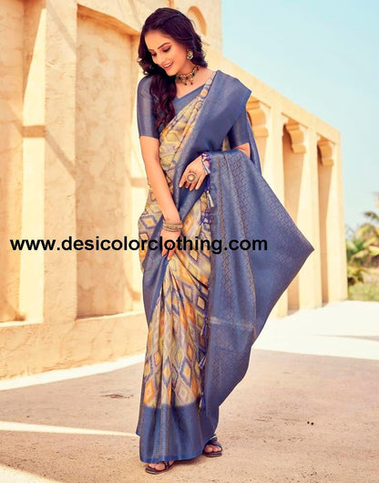 Blue Silk Printed Ready To Wear