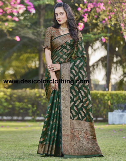 Dark Green Organza Plain Saree