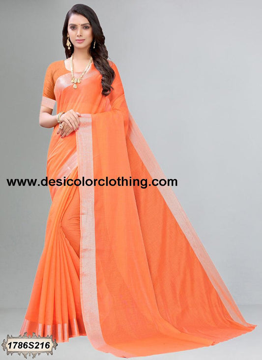 Orange Coloured Cotton Blend Plain Casual saree