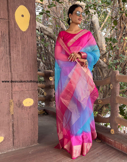 Rani Pink Plain Organza Saree
