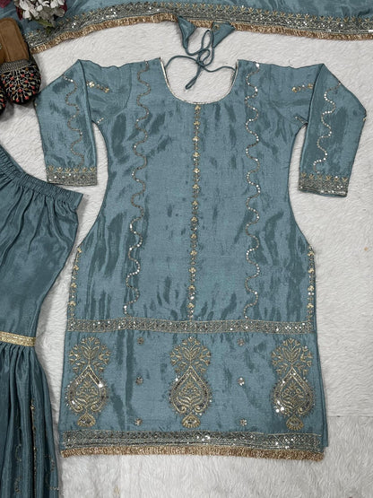 Product Image - Exclusive Designer Suit with Embroidered Chinon Silk