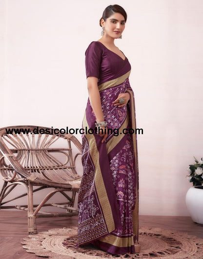 Deep Purple Silk Printed  Saree