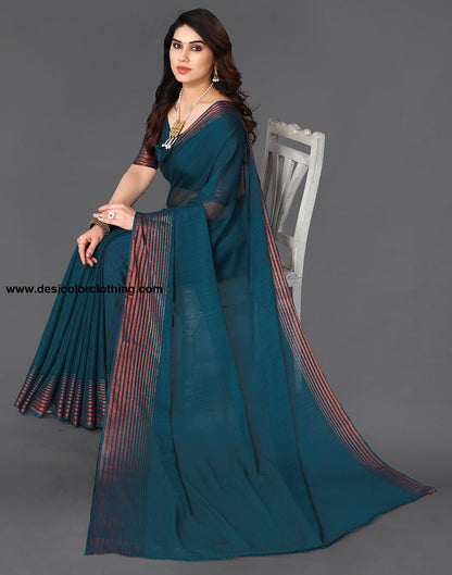Teal Blue Chiffon Plain Saree