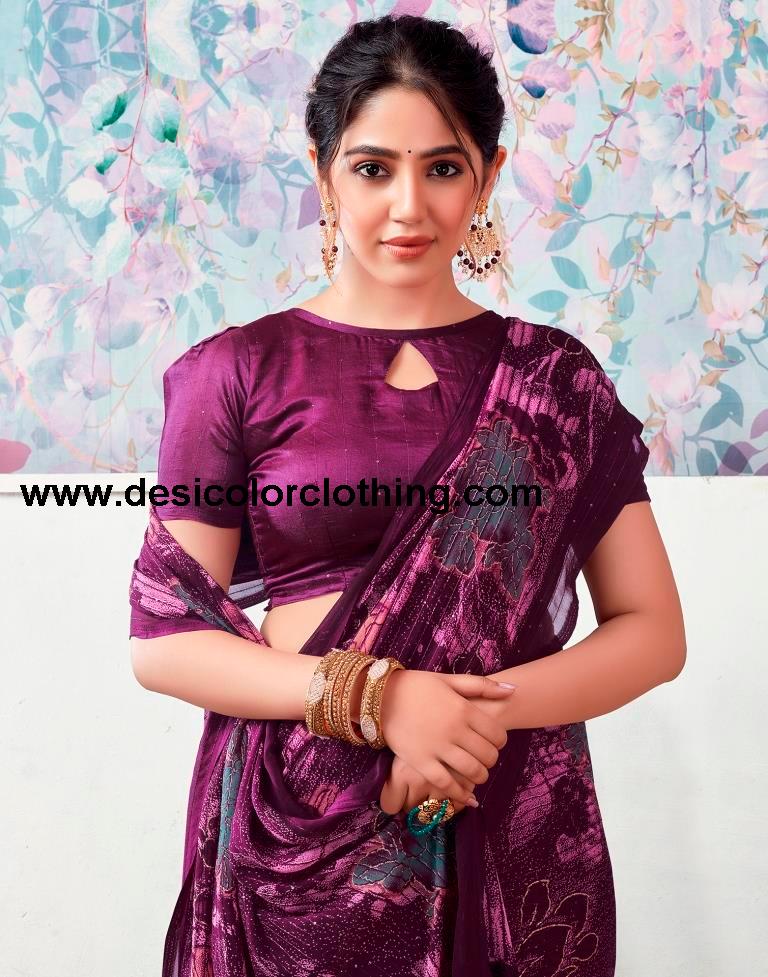 Deep Purple Georgette Printed Sarees