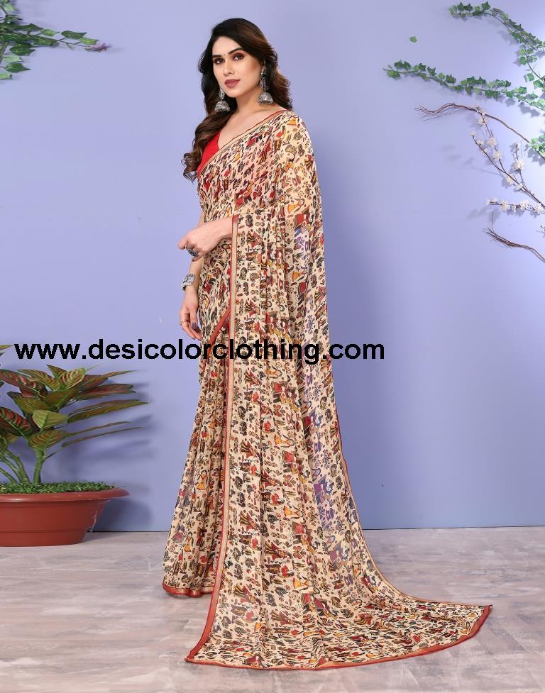 Beige Chiffon Printed Saree