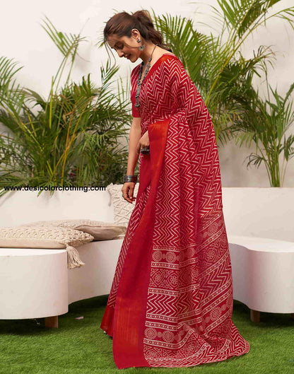 Red Cotton Printed Saree