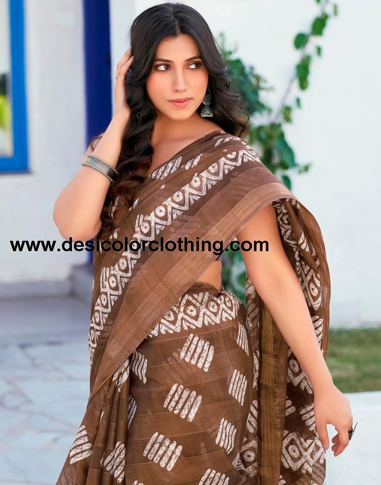 Brown Printed Cotton Saree
