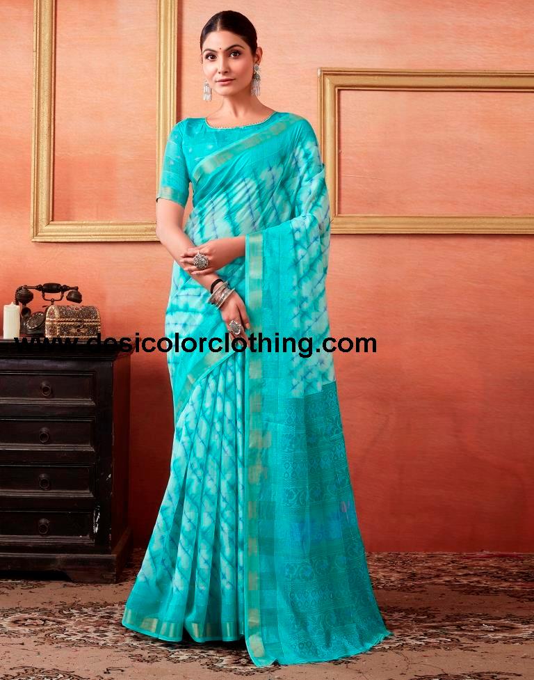 Turquoise Cotton Zari Saree