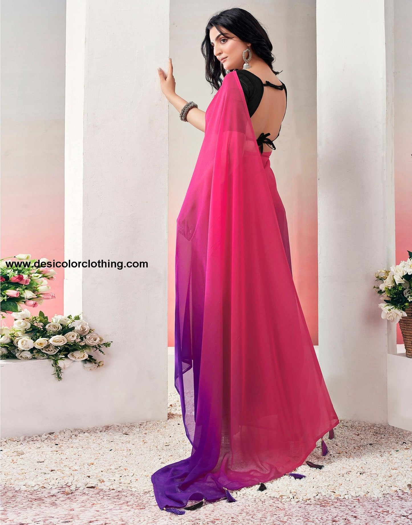 Pink Georgette Plain Ready to Wear Saree