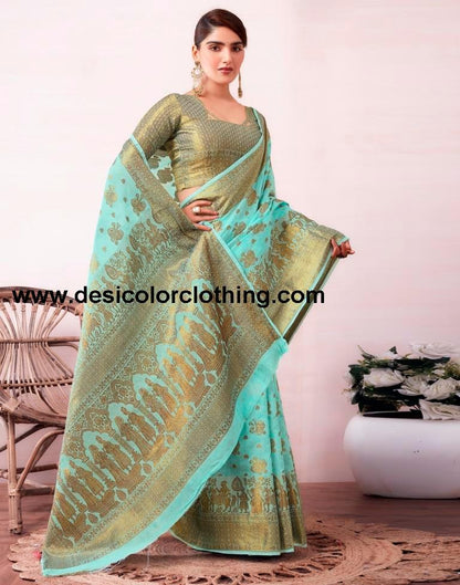 Elegant Blue and Golden Cotton Silk Saree with Plain Woven Design and Matching Blouse