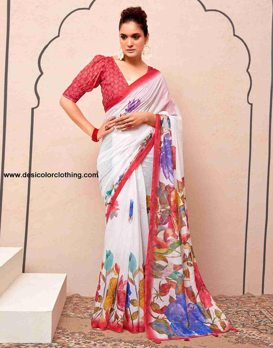 White Cotton Printed Saree