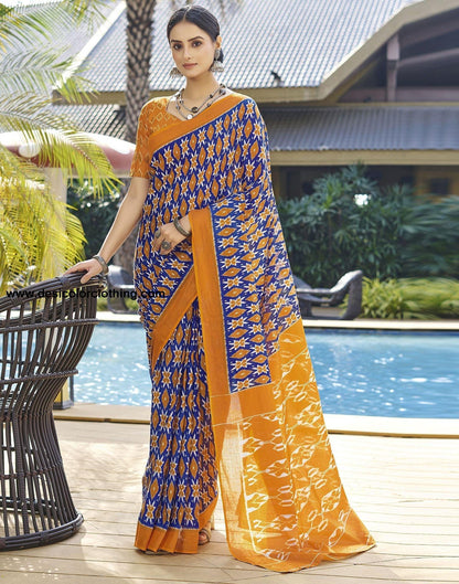 Blue Printed Cotton Pre-Draped Saree