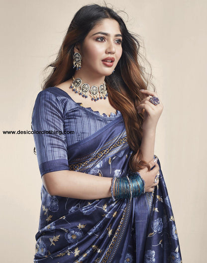 Royal Blue Floral Silk Saree