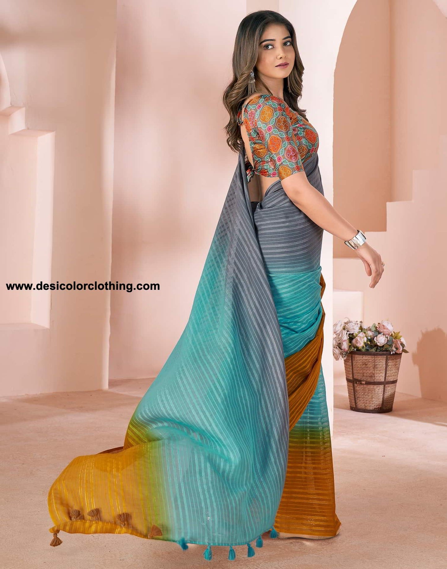 Turquoise Linen Plain Saree