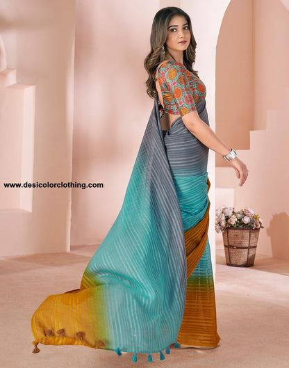 Turquoise Linen Plain Saree