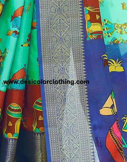 Turquoise Silk Printed Ready To Wear