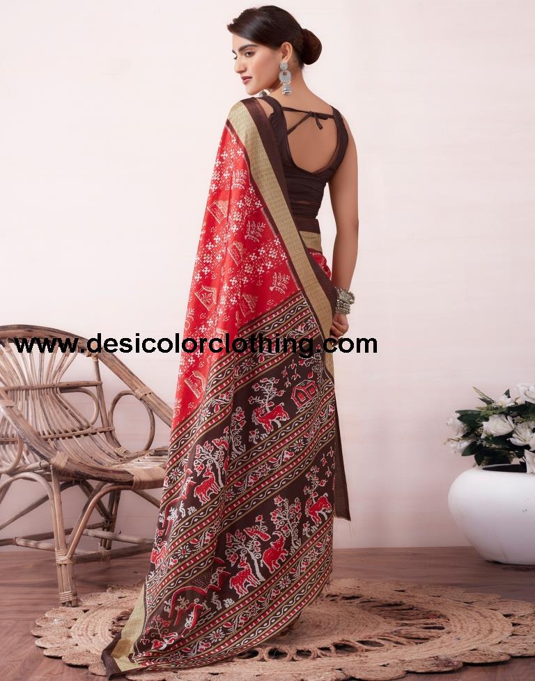 Red Silk Printed  Saree