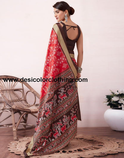 Red Silk Printed  Saree