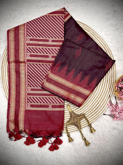 Product Image - Traditional Ikkat Temple Border Saree | Soft Tussar Silk