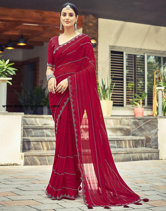 Red Plain Georgette Saree