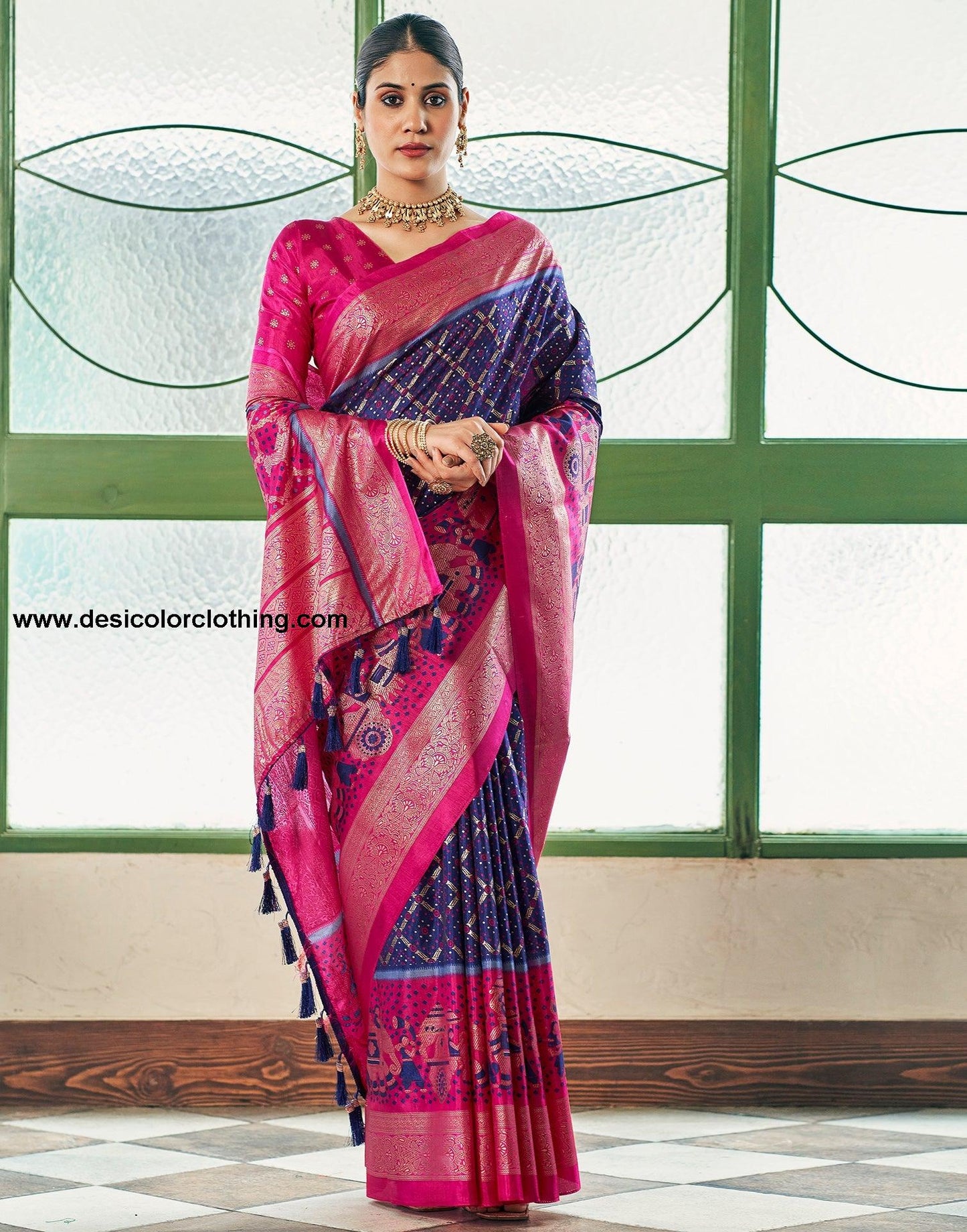 Dark Blue Silk Printed Saree
