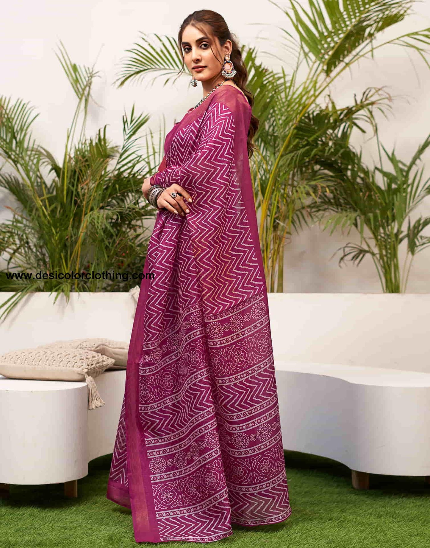 Dark Purple Cotton Printed Saree