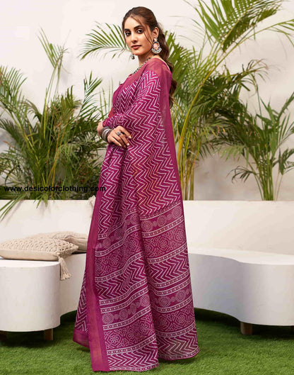 Dark Purple Cotton Printed Saree