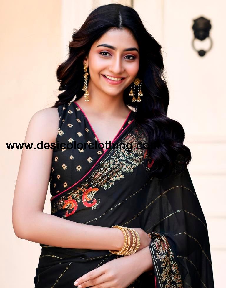 Black Cotton Printed Saree