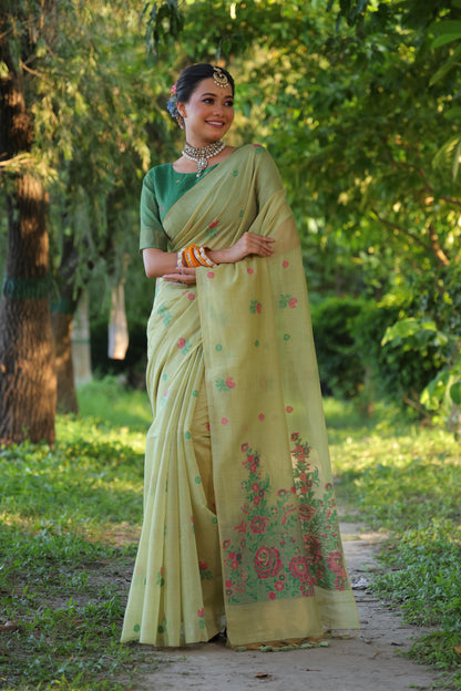 Product Image - Designer Muga Cotton Saree with Floral Weaving