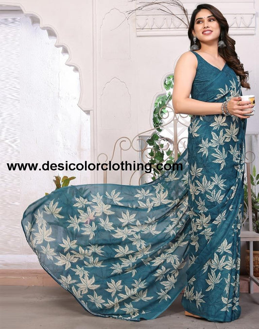 Teal Georgette Floral Printed Saree