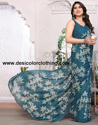 Teal Georgette Floral Printed Saree
